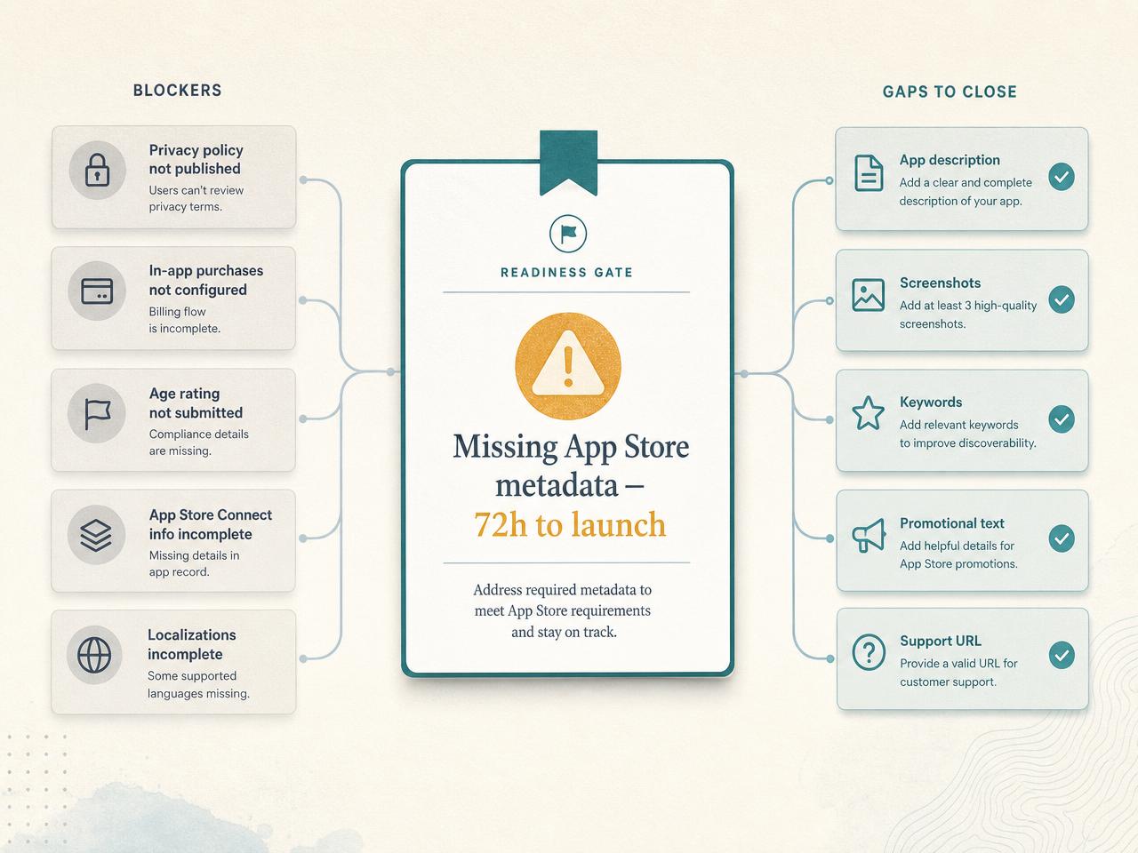 LaunchDock readiness gate surfacing missing launch metadata before launch day.