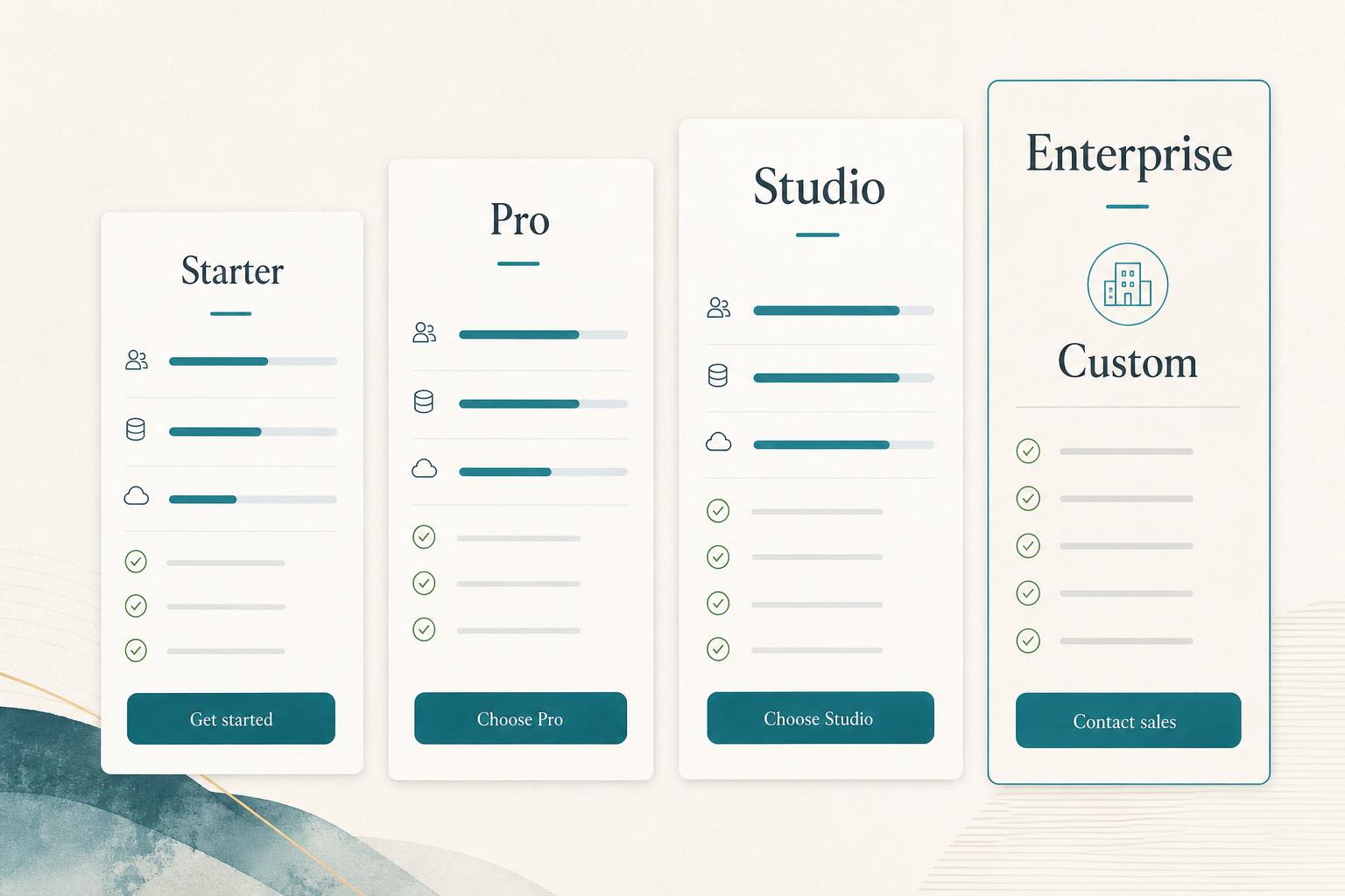 LaunchDock plan fit rail for Starter, Pro, Studio, and Enterprise.