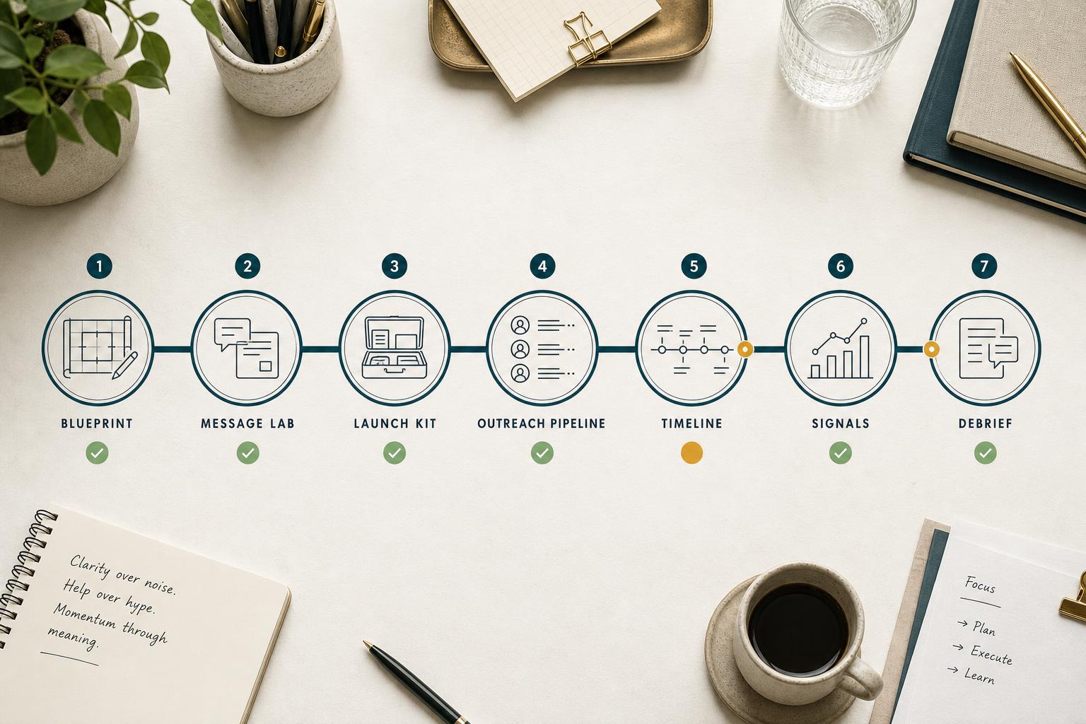Seven-stage LaunchDock workflow from launch blueprint to debrief.